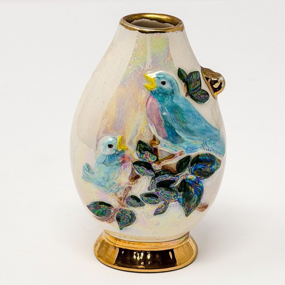 Signed 1972 Studio Pottery 4.5” Lusterware Vase Birds Relief Gold Trim